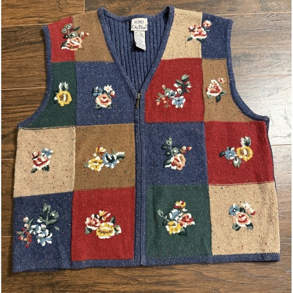 Koret Jackets & Blazers - Koret City Blues Petite Small Floral Patchwork Sweater Vest Zip Front Grandma PS